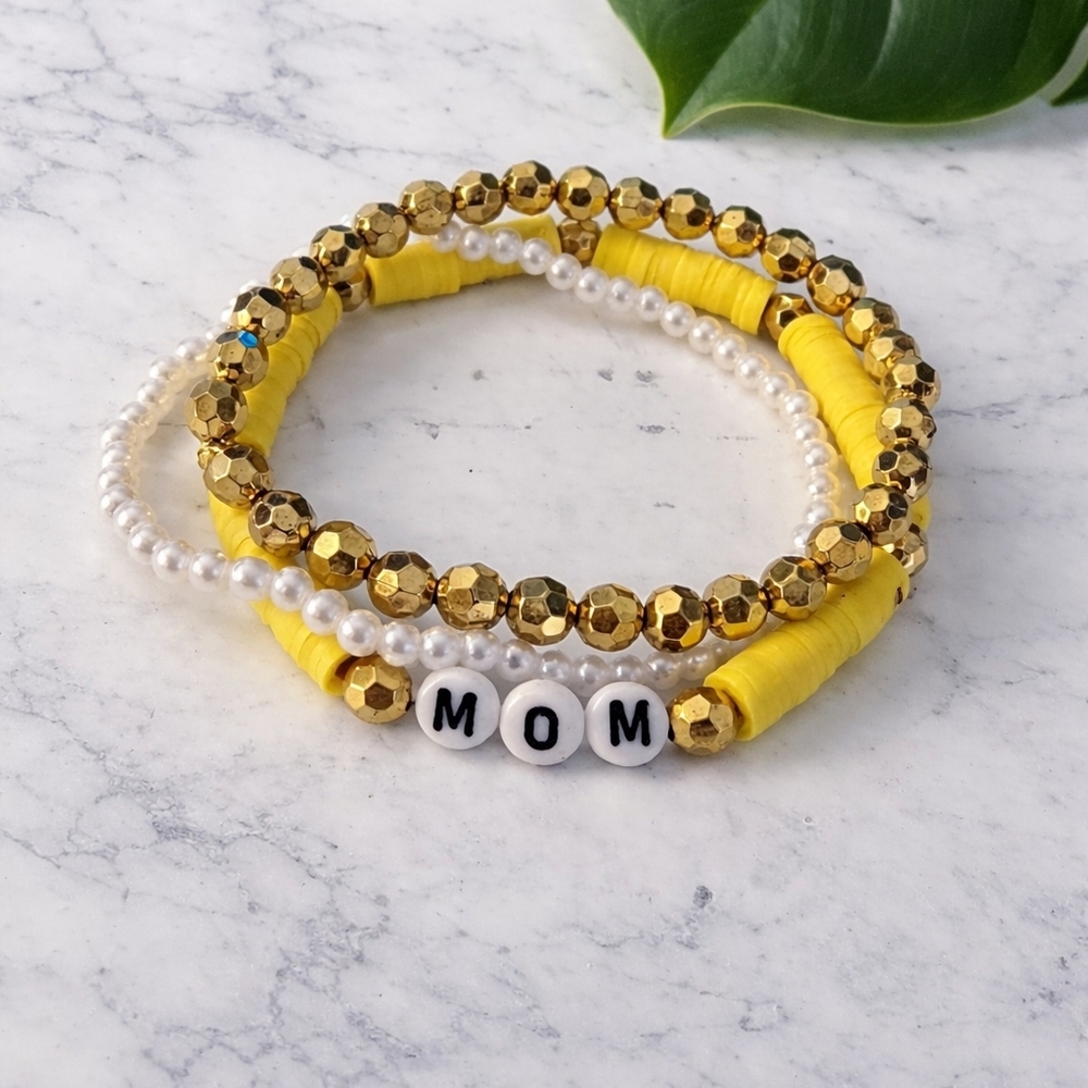 MOM Bead Bracelet Gift for Mom Gold And Yellow Handmade Jewelry Set